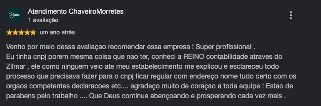 Avaliação de Atendimento ChaveiroMorretes no Google sobre a Reino Contabilidade